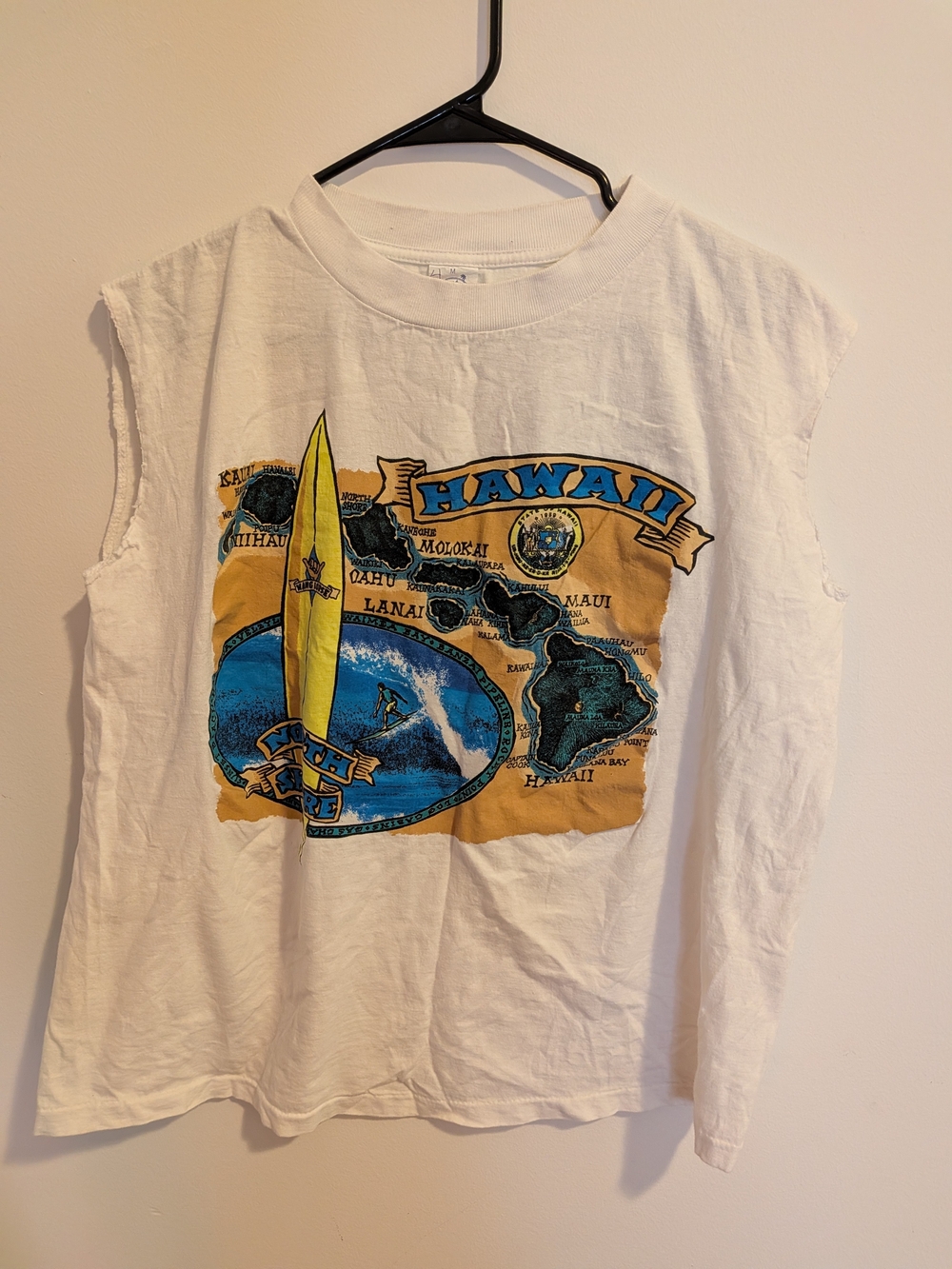 Adult Unisex Vintage White Hawaii Graphic Tank Top with Yellow Surfboard